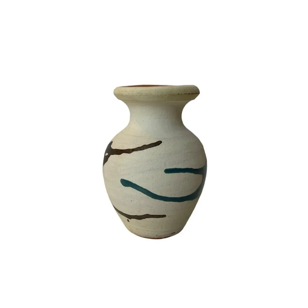 Handcrafted Dominican clay Vase With Abstract Painted Design Beige With Green &